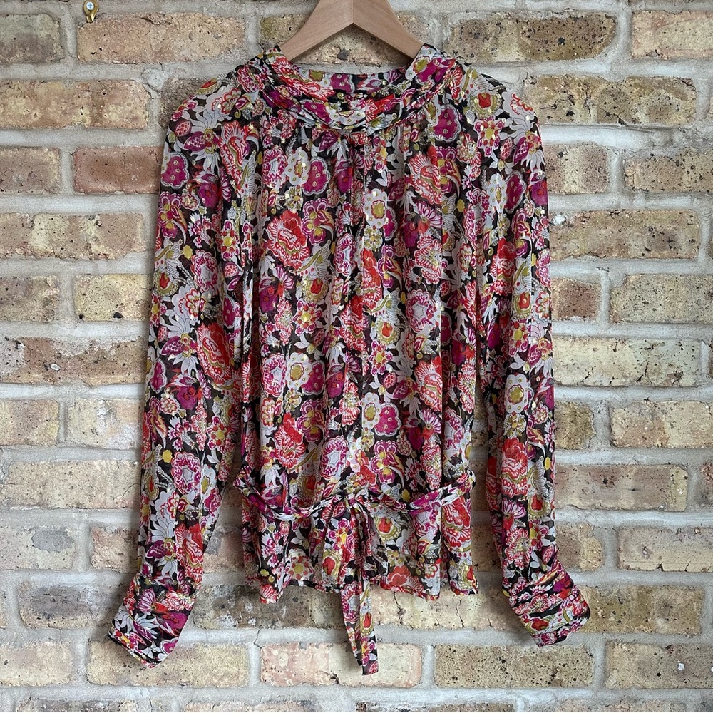 J. Crew Collection Silk Sheer Floral Blouse w/ Metallic Polka Dots & Fabric Belt